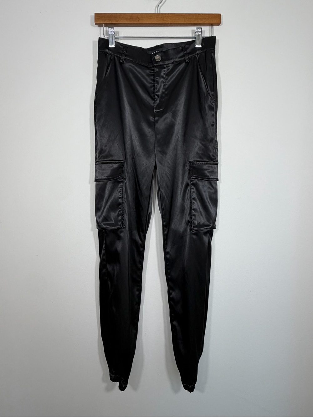 AKIRA Black Satin Cargo Jogger Pants High Rise Utility Pockets Size M